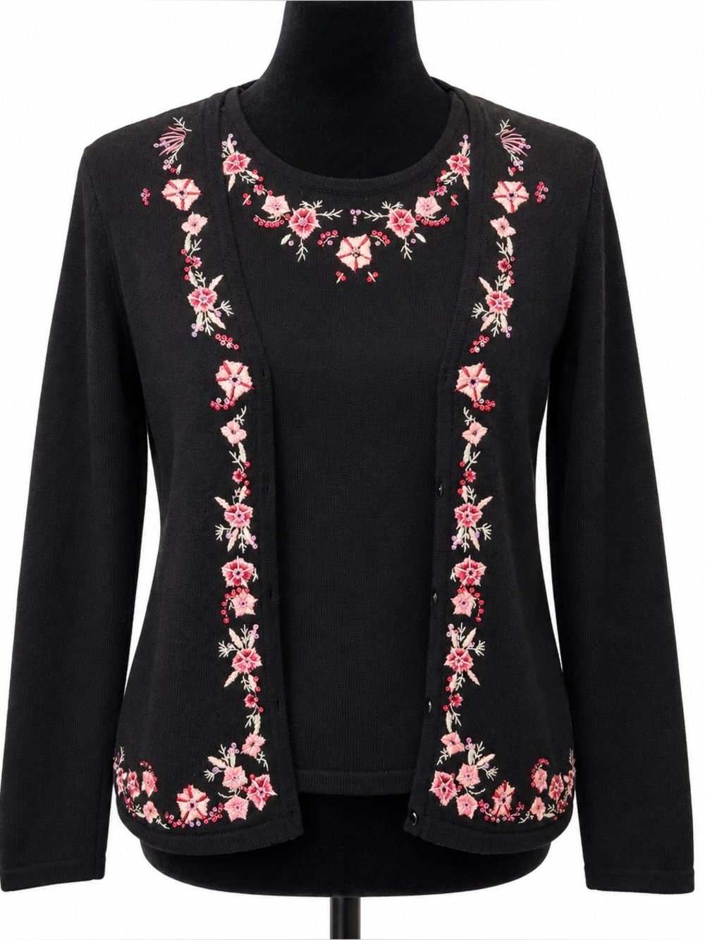 Kate Hill Black Sweater Set with Pink Floral Embroidery